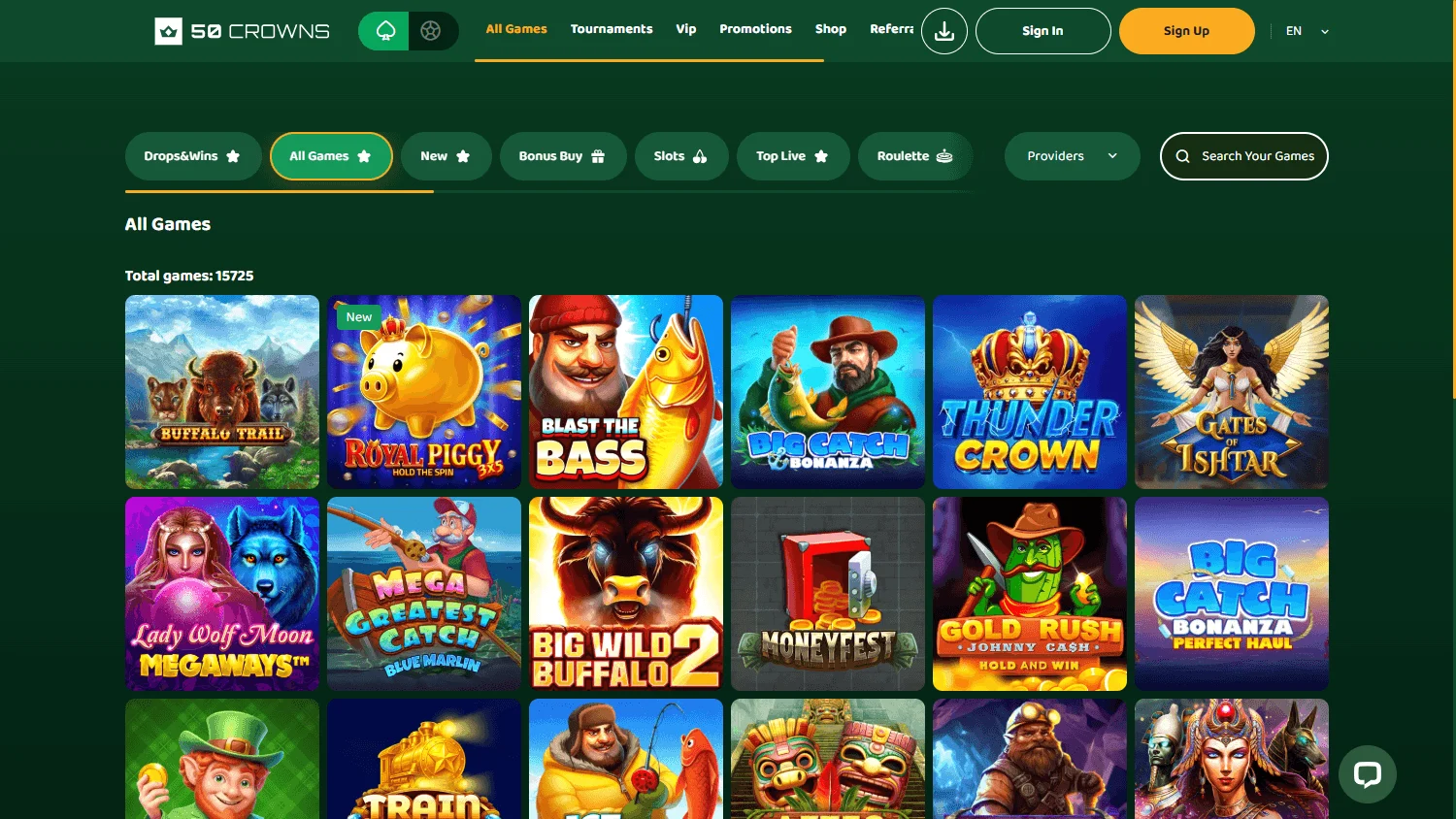 50 Crowns Casino desktop game selection with slots and table games