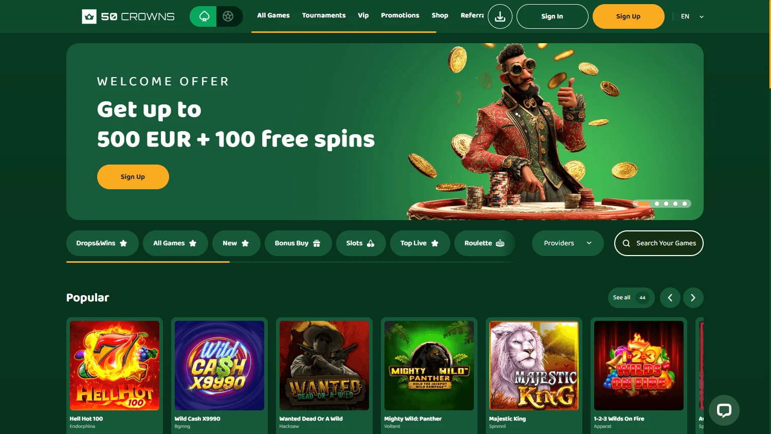 50 Crowns Casino desktop home with welcome offer and casino access