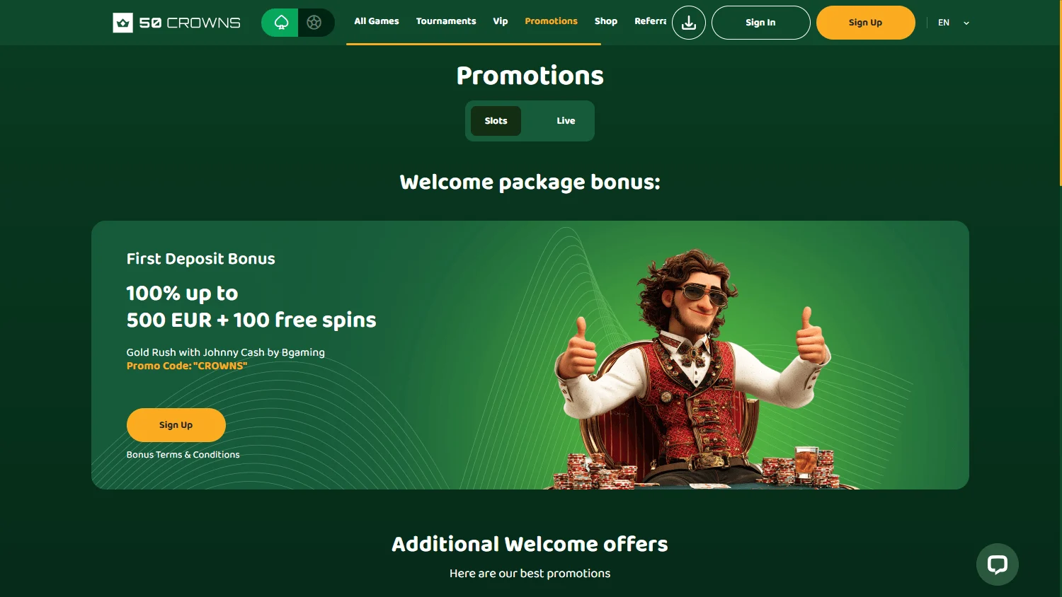 50 Crowns Casino desktop promotions with deposit offers and free spins