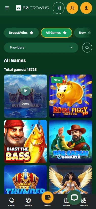 50 Crowns Casino mobile browser game selection with casino and live games