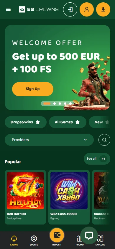 50 Crowns Casino mobile browser home with account and casino features