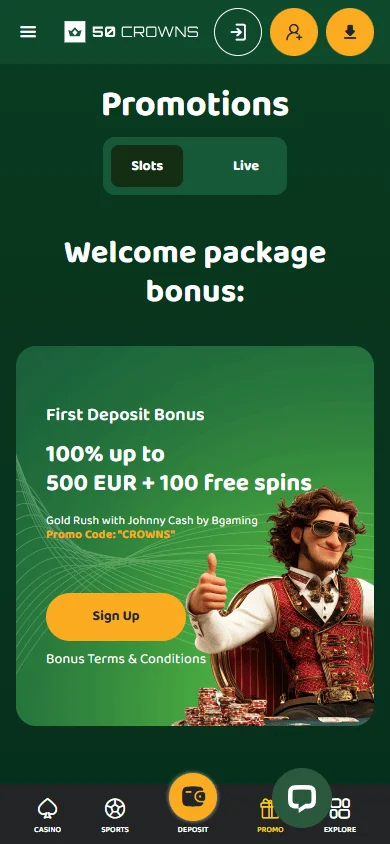 50 Crowns Casino mobile browser promotions with bonus codes and free spins